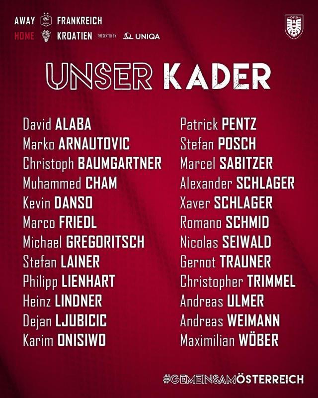 kaiyun体育官网-奥地利24人大名单：阿拉巴领衔，扎比策、阿瑙在列